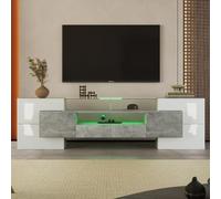 kozamas Meuble TV bas de 200 cm de large avec 6 portes et 2 tiroirs - Meuble TV en blanc brillant mélange de couleurs béton avec éclairage LED multicolore pour téléviseur de 60 à 69 pouces