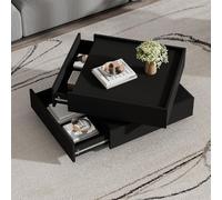 kozamas Table basse noire pivotante 60 x 60 x 38 cm - Table de salon moderne avec rotation à 360° et 2 tiroirs - Table d'appoint fonctionnelle avec espace de rangement