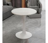 kozamas Table d'appoint ronde Ø 70 cm, table basse avec aspect marbre brumeux blanc et pieds en métal blanc, table basse moderne pour salon et canapé