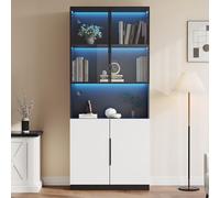 kozamas Vitrine en Verre Bibliothèque avec Portes en Verre et Éclairage LED, Meuble de Rangement avec Étagères Réglables, 80 x 30 x 200 cm - Blanc pour Salon, Bureau et Chambre