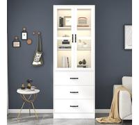 kozamas Vitrine en Verre LED, Bibliothèque de Rangement Moderne 200 cm avec 2 Portes en Acrylique, 3 Tiroirs et 2 Étagères Réglables, Multifonction pour Salon, Bureau et Chambre - Blanc