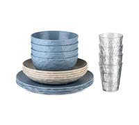 Koziol Club GÖTEBORG Set de vaisselle 16 pièces, incassable, empilable, en plastique biocirculaire, passe au lave-vaisselle, sans mélamine, pour camping, pique-nique, extérieur (bleu fleur naturelle)