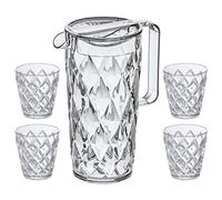 Koziol Superglas CRYSTAL PITCHER Set, 1,5 L + 4 verres (250 ml), carafe avec couvercle en plastique transparent effet cristal, luxueuse, empilable, compatible lave-vaisselle, pour garden et camping