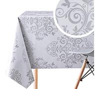 KP HOME Jolie Grise et Argentée Nappe Plastique Motif Luxe Damassé Baroque - Floral Arabesque Nappe Toile Cirée Carrée 140x140 Épais Facile à Nettoyer Nappe PVC Essuyable Vinyle Nappe Ciree