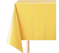 KP HOME Nappe PVC Jaune Rétro à Motif Floral Blanc, Toile Cirée Lisse Carrée 140x140 cm, Imperméable, Essuyable et Facile à Nettoyer - Vintage Classique Nappe Plastique pour Cuisine ou Salle à Mange