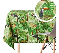 KP HOME Toile Cirée Carrée 140 x 140 cm - Motif Exotique Jungle Feuilles et Oiseaux Toucan, Imperméable et Facile à Nettoyer - Nappe Plastique Verte Extérieure pour Jardin et Intérieur