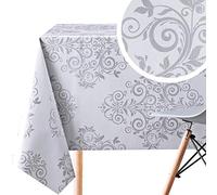 KP HOME Toile Cirée Rectangulaire 250x140cm, Gris Clair Argenté, Nappe Plastique en PVC Essuyable, Facile à Nettoyer, Imperméable en Vinyle, avec Motif Luxe Damassé Oriental et Arabesque Florale