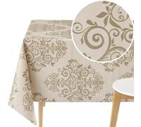 KP HOME Toile Cirée Rectangulaire 300x140cm, Beige, Nappe Plastique en PVC Essuyable pour Intérieur et Extérieur, Facile à Nettoyer, Imperméable en Vinyle, avec Motif Baroque Fleur de Damas Élégant