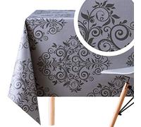 KP HOME Toile Cirée Rectangulaire 300x140cm, Gris Foncé, Nappe Plastique en PVC Épais Essuyable, Facile à Nettoyer, Imperméable en Vinyle, avec Motif Luxe Damassé Oriental et Arabesque Florale