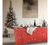 KP HOME Toile Cirée Rectangulaire 300x140cm, Rouge Festive, Grande Nappe Plastique en PVC Essuyable, Facile à Nettoyer, Imperméable en Vinyle, avec Motif Flocons de Neige Dorés de Noël