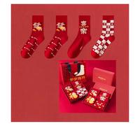 KPHYMOD des Chaussettes 4 Pairs Red Embroidered Cotton Socks for Women，Zodiac Year Lucky Socks for Traditional Chinese New Year/Spring Festival(Red-1)