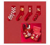 KPHYMOD des Chaussettes 4 Pairs Red Embroidered Cotton Socks for Women，Zodiac Year Lucky Socks for Traditional Chinese New Year/Spring Festival(Red-5)