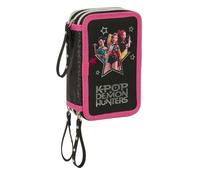 KPop Demon Hunters Trousse scolaire 3 fermetures éclair noire - Trousse triple souple avec compartiments pour garçons et filles, trousse spacieuse pour école primaire et secondaire