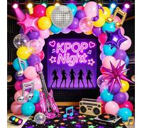 KPOP Lot de 143 guirlandes de ballons sur le thème de la musique | Ballons roses et violets avec boule disco rétro, note de musique, étoile de guitare, ballons en aluminium pour décorations de