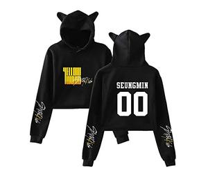 Kpop Stray Kids Sweat-Shirts à Capuche Cat Ear Crop Top Hoodie Yellow Wood Imprime Hip Hop Pullover Manches Longues Pull à Capuche Sweats Bang Chan Changbin Hyunjin Han Felix Seungmin