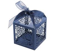 KPOSIYA Lot de 100 boîtes à dragées découpées au laser avec rubans pour mariage, fête prénuptiale, fête prénatale, fête d'anniversaire, anniversaire (bleu marine, 100)