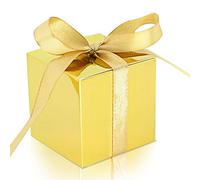 KPOSIYA Lot de 100 boîtes à dragées dorées avec rubans pour décorations de mariage, fête prénatale, anniversaire - 5,1 x 5,1 x 5,1 cm