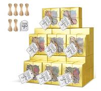 KPOSIYA Lot de 60 boîtes de boulangerie dorées avec fenêtre - 10 x 10 x 6,3 cm - Boîtes à biscuits en papier kraft doré pour pâtisseries, biscuits, tartes, beignets, macarons