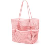 KPX Sac de plage avec mini poche, sac fourre-tout de plage pour femme, grand sac pliable en maille pour piscine, voyage - résistant au sable, rose, Large
