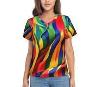 KPXXAQT Chemisier décontracté à rayures arc-en-ciel pour femme, col en V, doux pour tous les types de corps, Noir , XL