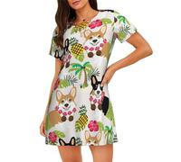 KPXXAQT Corgi - Robe de pyjama hawaïenne tropicale d'été avec imprimé ananas - Vêtement de nuit doux et facile d'entretien - Silhouette trapèze, Noir , M