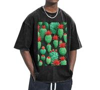 KPXXAQT De nombreux petits cactus imprimés d'art s'adaptent facilement à différents types de corps, décontracté, manches courtes, respirabilité, tendance, Noir , M