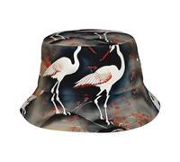 KPXXAQT Deux grues japonaises volantes traditionnelles imprimées peinture universelle chapeau à large bord protection solaire chapeau seau casquette confortable aventures en plein air noir