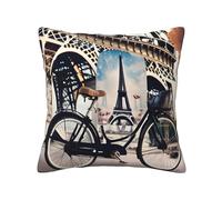 KPXXAQT Housse de coussin carrée romantique avec imprimé Tour Eiffel Paris Bycicle Housse de coussin Décoration Salon Facile d'entretien Fermeture éclair invisible
