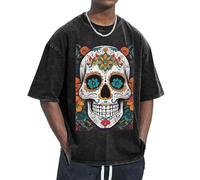 KPXXAQT Imprimé tête de mort floral pour s'adapter à différents types de corps, décontracté, manches courtes, respirabilité, mode, Noir , XXL