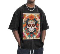 KPXXAQT Imprimé tête de mort floral pour s'adapter à différents types de corps, décontracté, manches courtes, respirabilité, mode, Noir , M