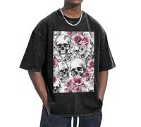 KPXXAQT Imprimé tête de mort floral pour s'adapter à différents types de corps, décontracté, manches courtes, respirabilité, mode, Noir , S