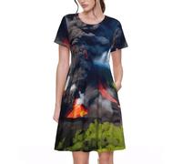 KPXXAQT Kilauea Robe d'été décontractée à manches courtes et col rond pour femme Imprimé volcan, Noir , XL