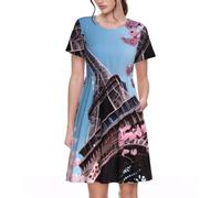 KPXXAQT Peinture à l'huile Paris Tour Eiffel Imprimer Robes élégantes Femmes Vêtements de tous les jours Casual Manches Courtes Robe d'été Col Rond, Noir , 3XL