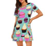 KPXXAQT Robe de pyjama tendance avec imprimé cupcake - Entretien facile - Silhouette trapèze, Noir , XL