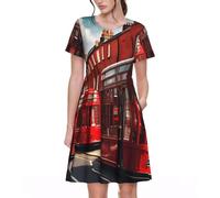 KPXXAQT Robe d'été décontractée à manches courtes et col rond pour femme Rouge Londres, Noir , M