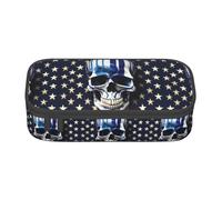 KPXXAQT Trousse à crayons de grande capacité avec imprimé tête de mort et rayures bleues pour l'école, l'université, les voyages, les étudiants, les adolescents et les adultes