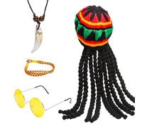 KQDRAVINE Bonnet rasta dreadlocks avec lunettes jaunes, bracelet tressé, collier, chapeau reggae, chapeau rasta, perruque dreadlocks jamaïcaine, accessoire de costume pour cosplay