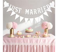 KQDRAVINE Just Married Decoration avec Drapeaux Triangulaires Blancs comme Neige, Just Married Banderol de 5 M, DéCorations de Mariage Vintage pour Garden-Party, Voiture, CéRéMonie de Mariage