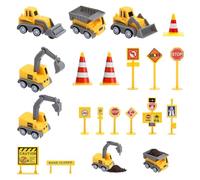 KQDRVINE Pelleteuse Enfant Décoration de Gâteau avec 14 Accessoires pour Panneaux de Signalisation, Decoration Gateau, Anniversaire 3, 4, 5, 6 Ans Garcon, Chantier Petite Voiture