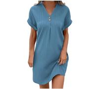 KQIVAM Robe Lin Coton Femme Ete Chic Elegant Tunique Robe Manches Courtes Ample Casuel Couleur Unie Robes avec Boutons Col V Robes De Plage Pas Cher Grandes Tailles Dress pour FêTe Vacances