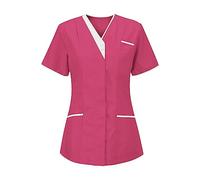 KQIVAM Tunique MéDicale Femme Manches Courtes Blouse Col en V Infirmiere Uniforme De Travail Haut Tenue Aide Soignante Professionnelle VêTement Couleur Unie Lavables Durables Ensemble avec Poches