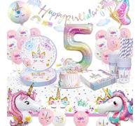 KQMGJYB Décoration Anniversaire Licorne pour Fille 5 Ans - Vaisselle, Gobelets, Serviettes, Couverts, Nappe, Ballons pour 16 Invités