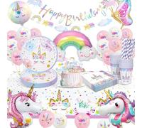 KQMGJYB Décoration Licorne pour Anniversaire Fille - Vaisselle, Gobelets, Serviettes, Couverts, Nappe, Ballon pour 16 Invités