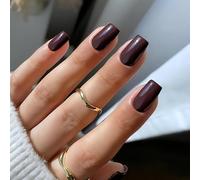 KQueenest Braun Press On Nails Lot de 24 faux ongles courts en gel gelé brillant à coller, ballerine, couleur unie, pour femme