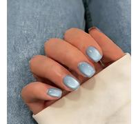 KQueenest Cat Eye Lot de 30 faux ongles courts à coller - Paillettes - Bleu pastel - Cercueil - Avec colle - En verre scintillant - Pour femme