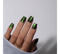 KQueenest Cat Eye Lot de 30 faux ongles courts à coller - Paillettes - Vert fluo - Noir - Cercueil - Avec colle - Faux ongles à coller - Pour femme