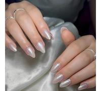 KQueenest Cateye Press On Nails - Lot de 30 faux ongles à coller - En acrylique brillant - En forme d'amande - Blanc brillant - Pour femme