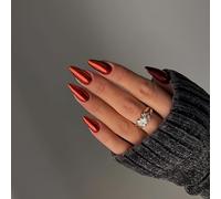 KQueenest Chrome Press On Nails Lot de 24 faux ongles à coller, en acrylique, en forme d'amande, effet miroir, rouge métallisé, pour femme