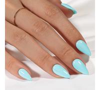 KQueenest Lot de 24 faux ongles à coller en gel souple - Amande - Bleu clair - Avec colle - Brillants - Pour femme