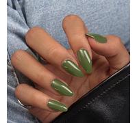 KQueenest Lot de 24 faux ongles à coller en gel souple - Amande - Vert olive clair - Amande moyenne - Couleur unie - Vert sauge - Avec colle - Brillant - Pour femme